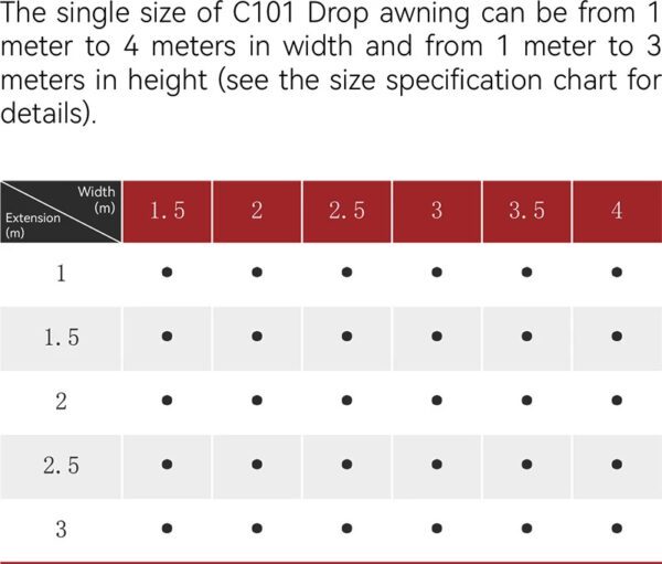 MR1 pendant window awning STANDARD SIZES